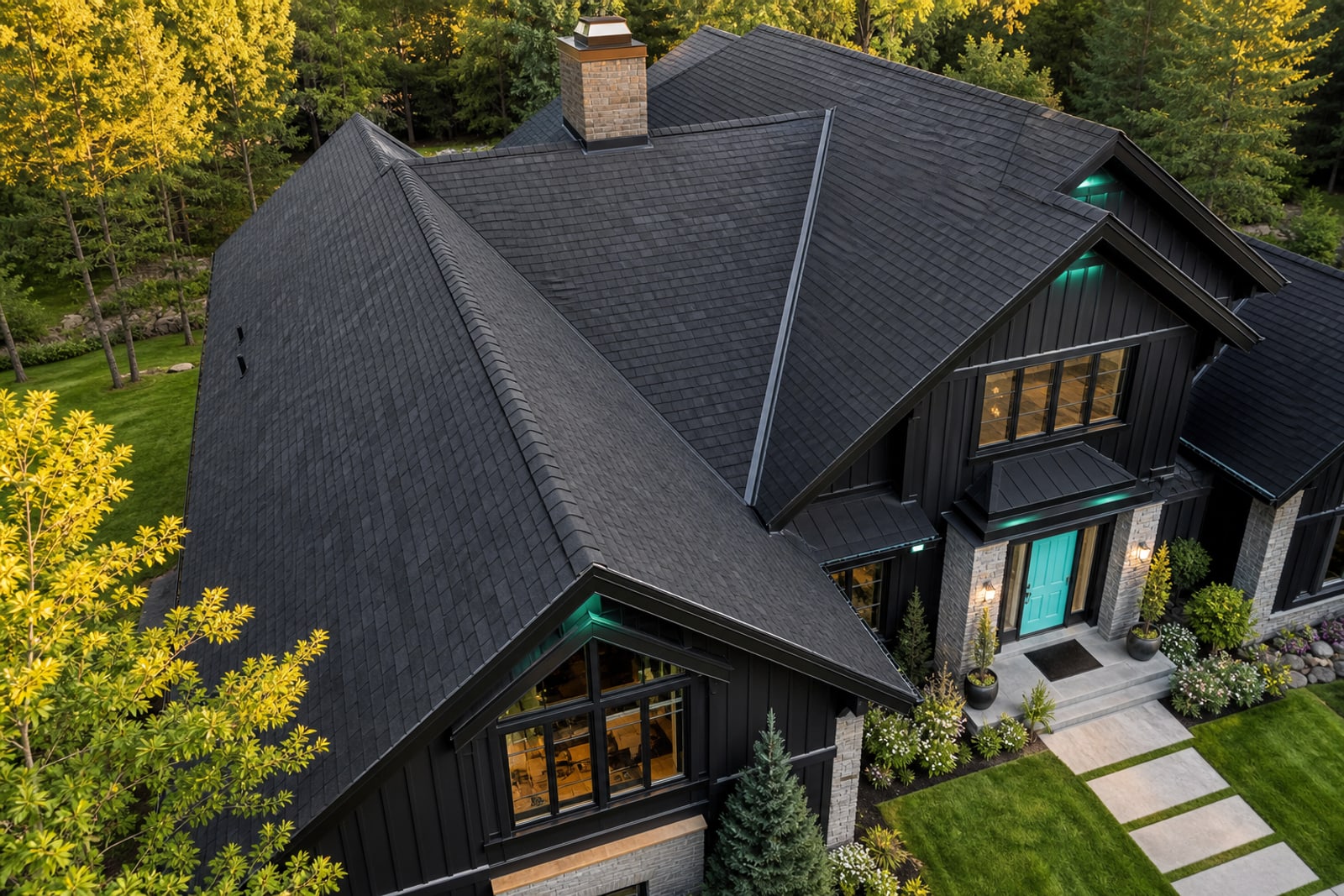 Aerial view of a black-roofed home with Mint Scan inspection points marked
